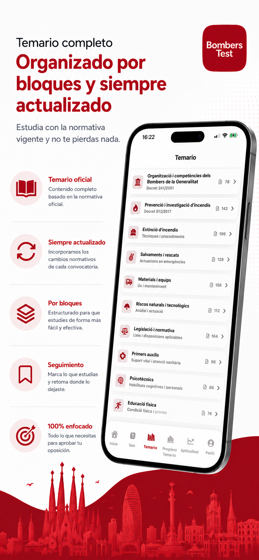 Temario completo, organizado por bloques y actualizado