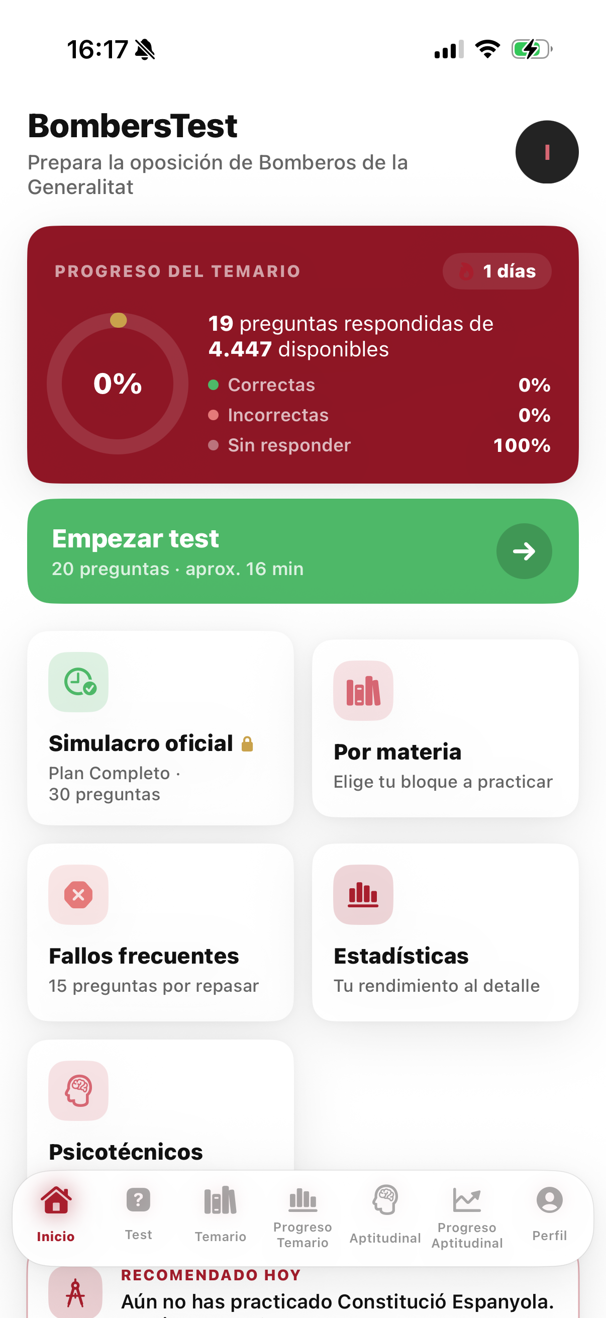 Pantalla de inicio de BombersTest con el progreso del temario