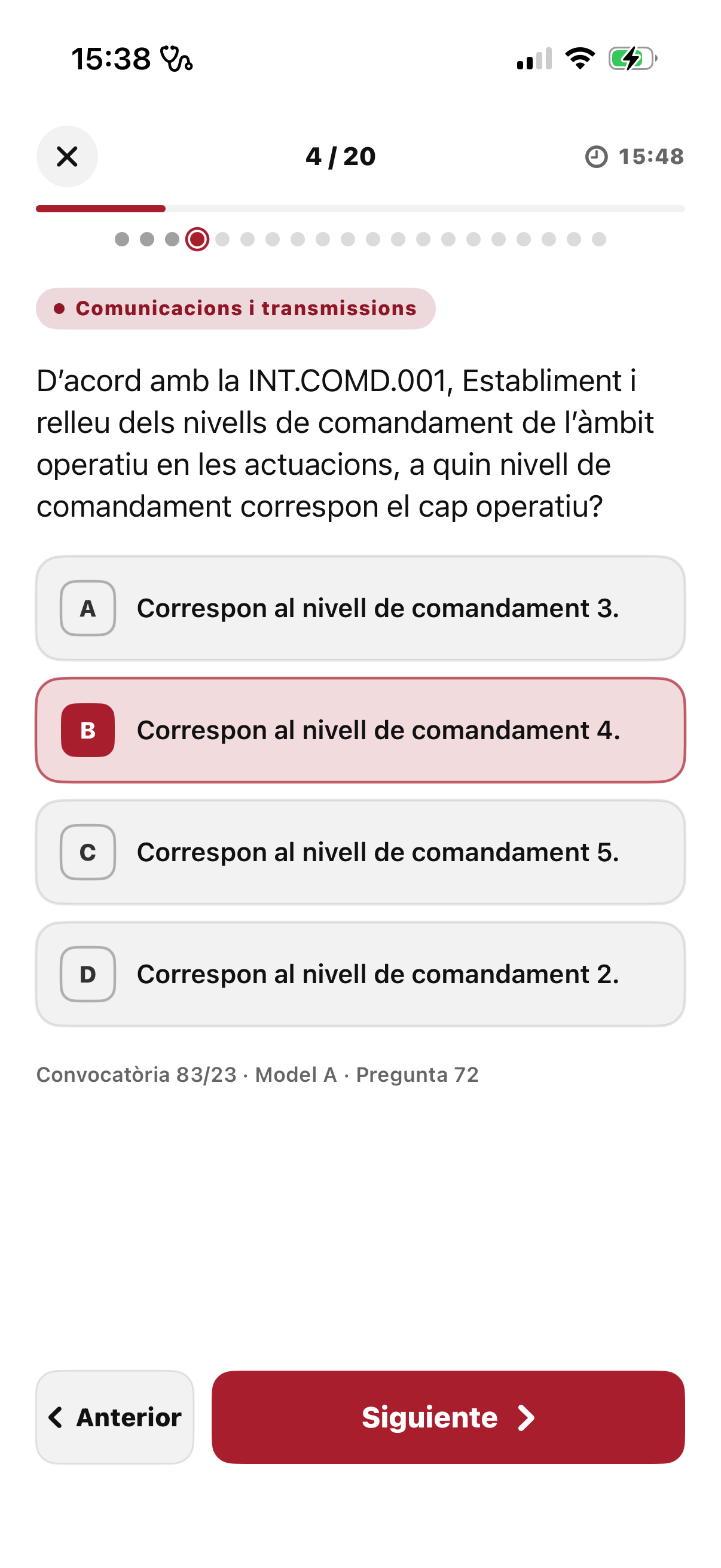 Pregunta de test con las opciones de respuesta