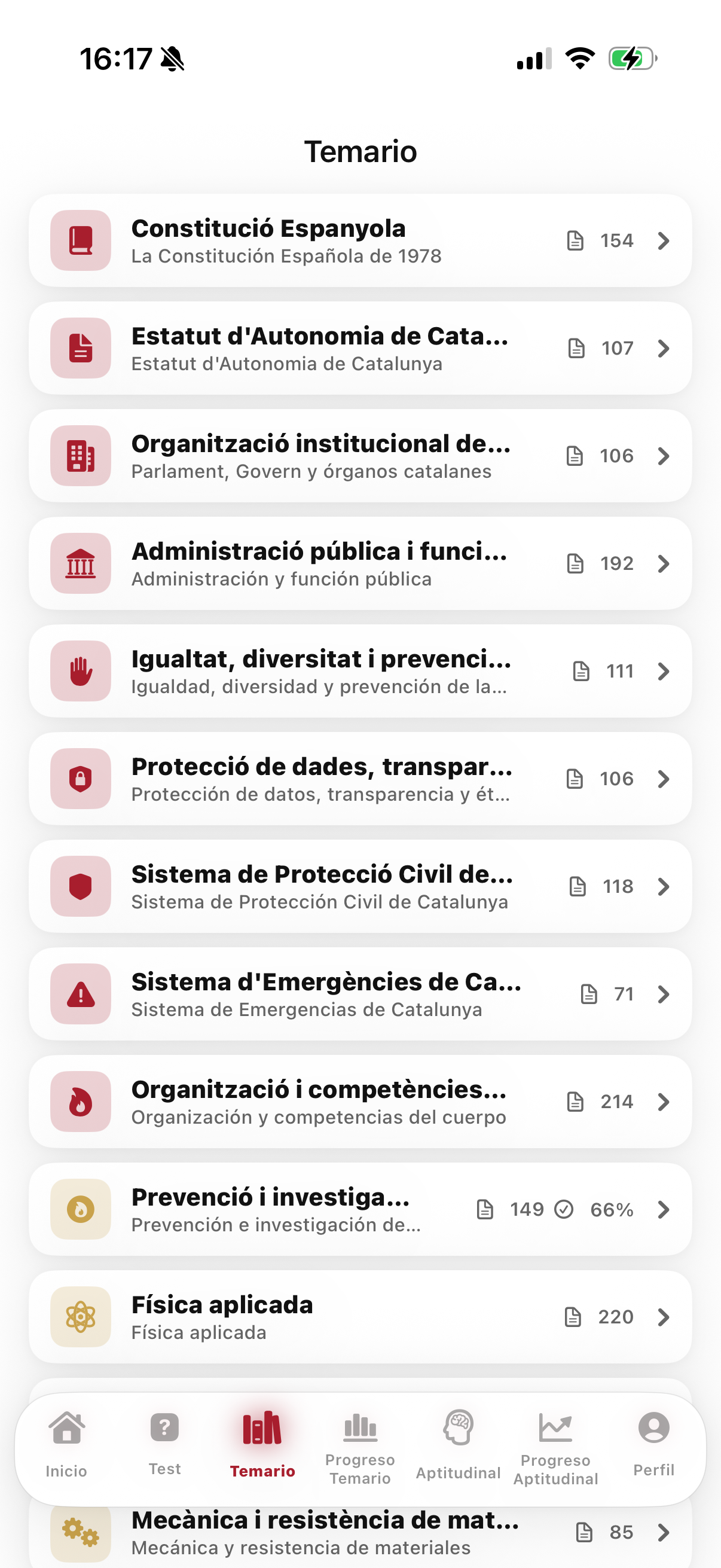 Temario con los 12 bloques de Bombers
